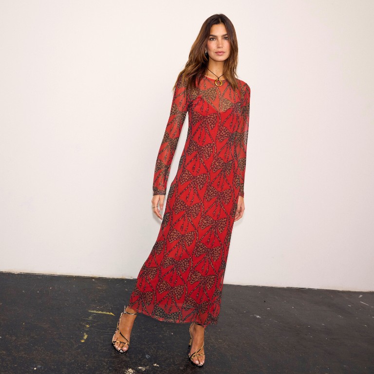 Red Leopard Bow Mesh Dress