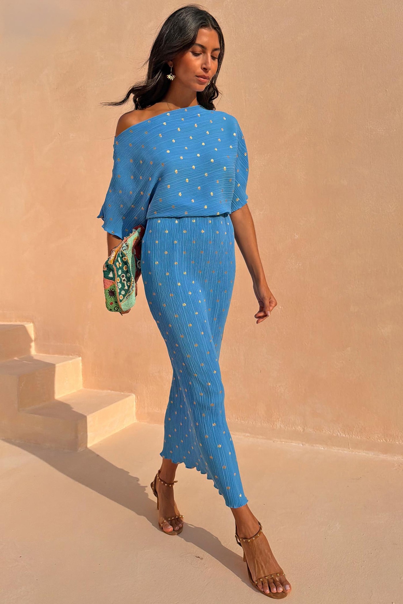 Blue Plisse Tilly Dress with Gold Fleck view 3